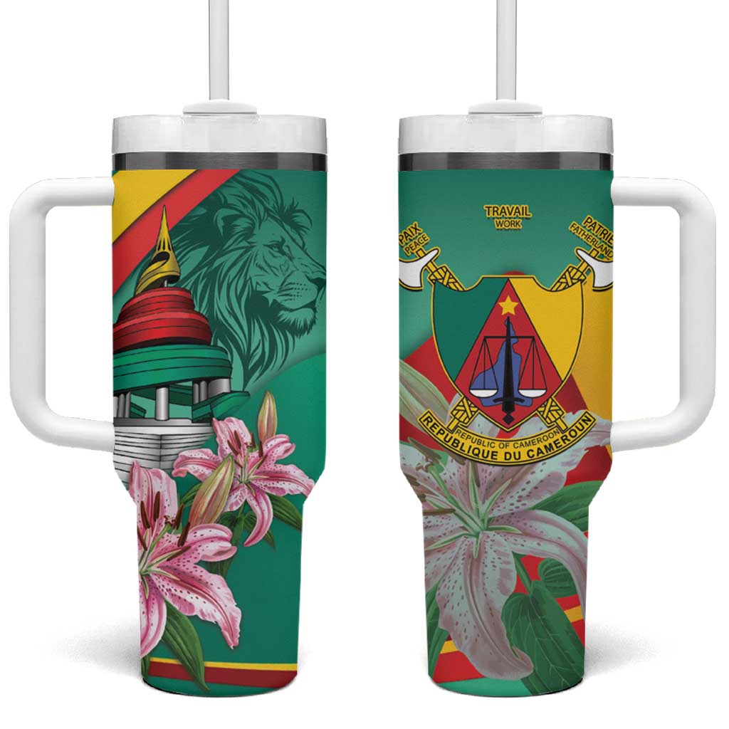 Monument de la Reunification Cameroun Tumbler With Handle Coat Of Arms With Lily Flowers
