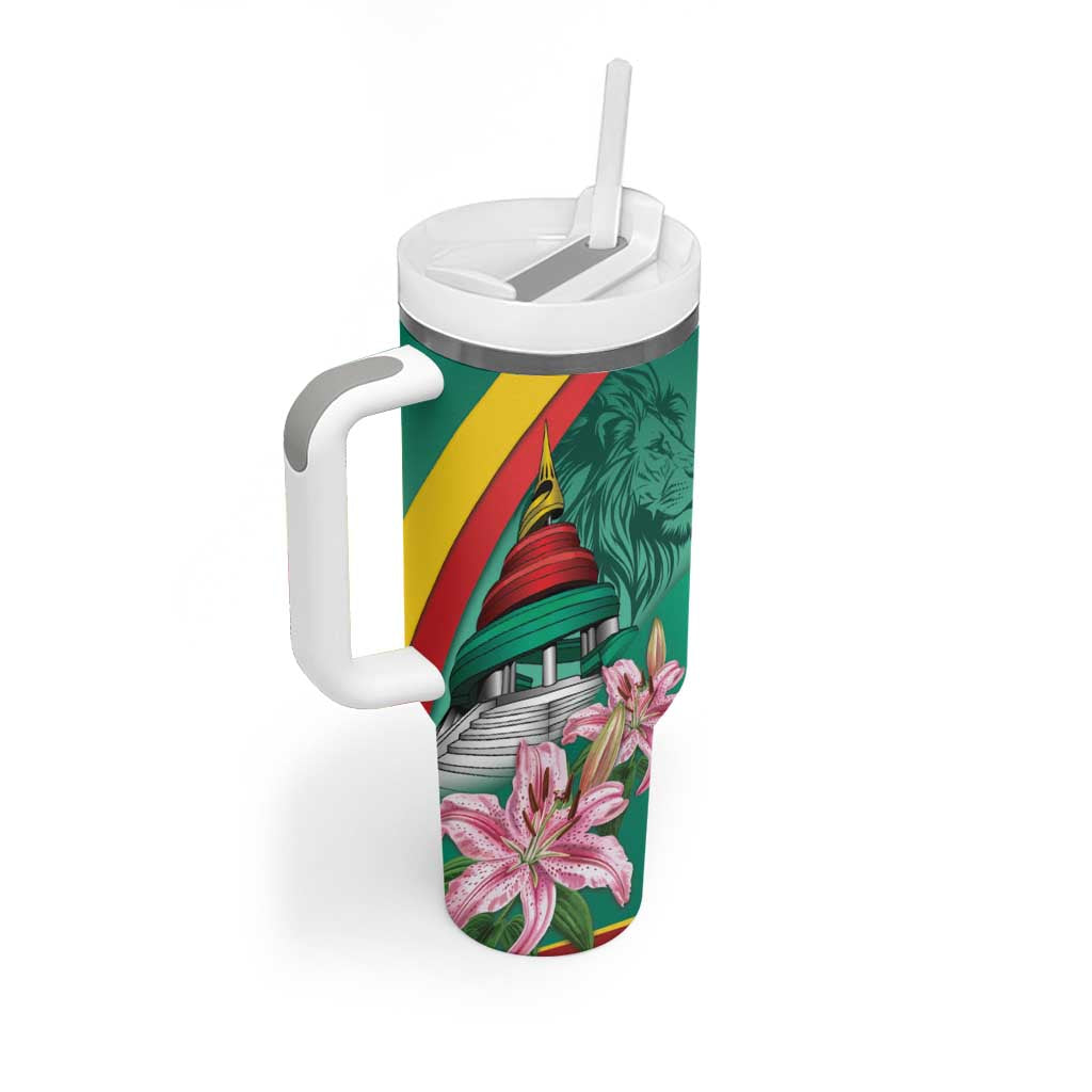 Monument de la Reunification Cameroun Tumbler With Handle Coat Of Arms With Lily Flowers