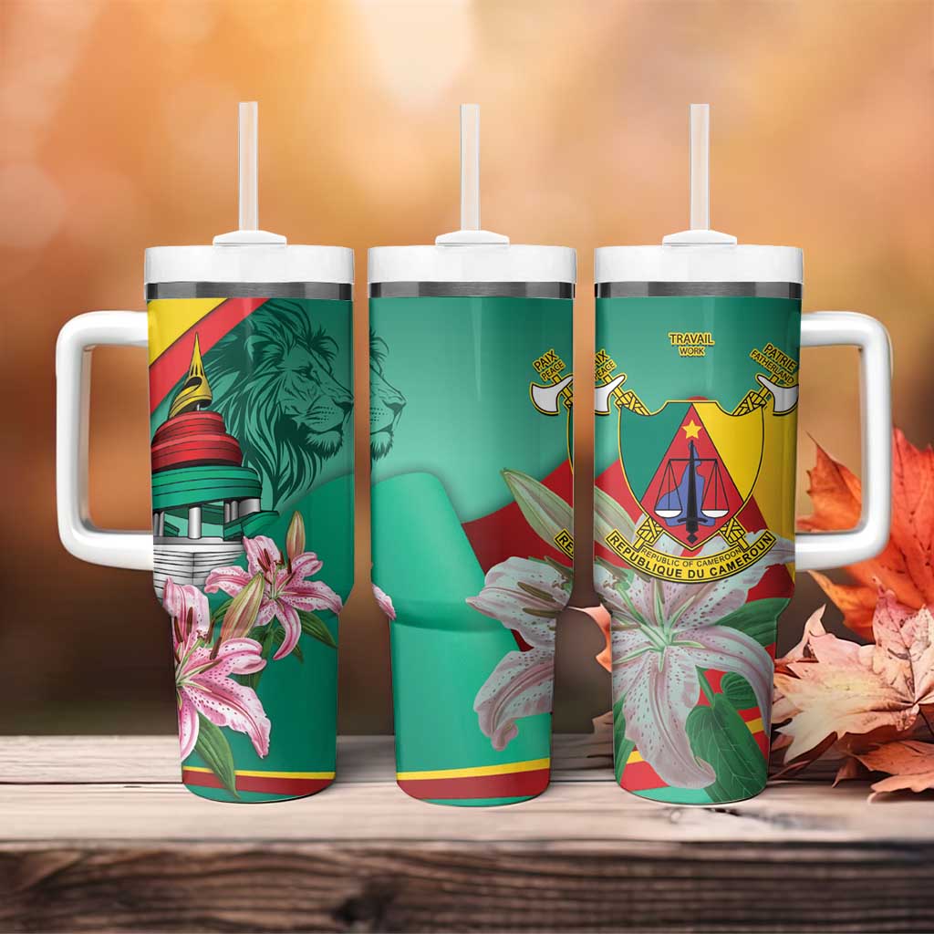 Monument de la Reunification Cameroun Tumbler With Handle Coat Of Arms With Lily Flowers