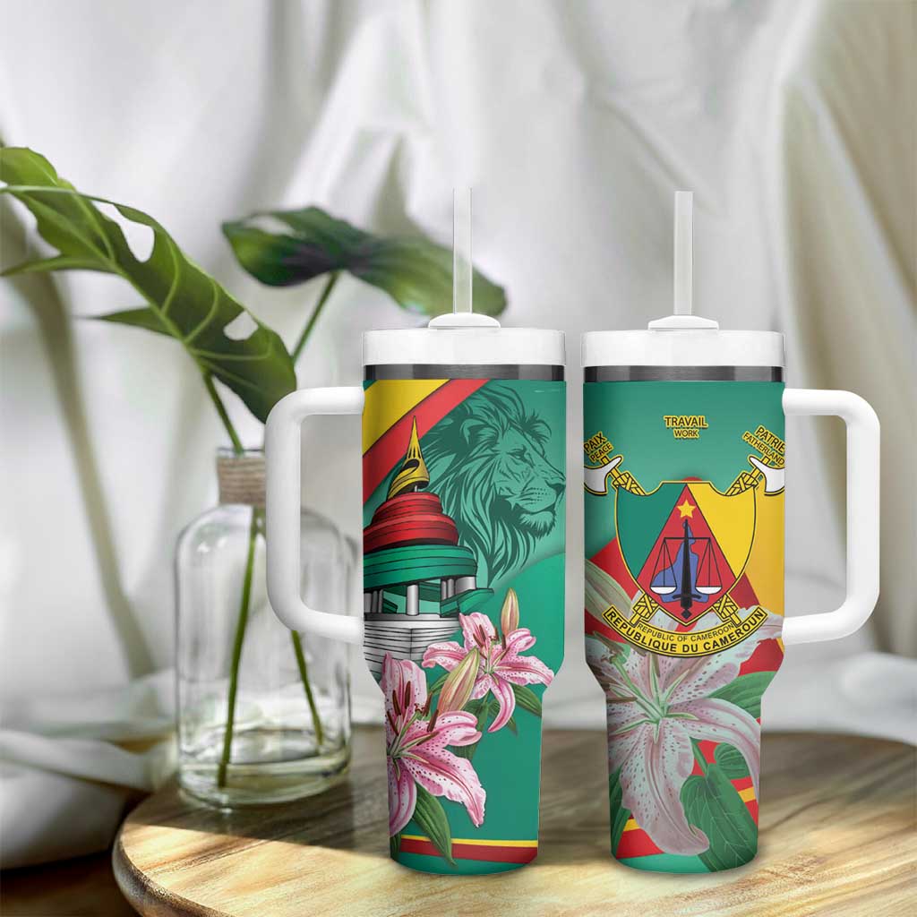 Monument de la Reunification Cameroun Tumbler With Handle Coat Of Arms With Lily Flowers