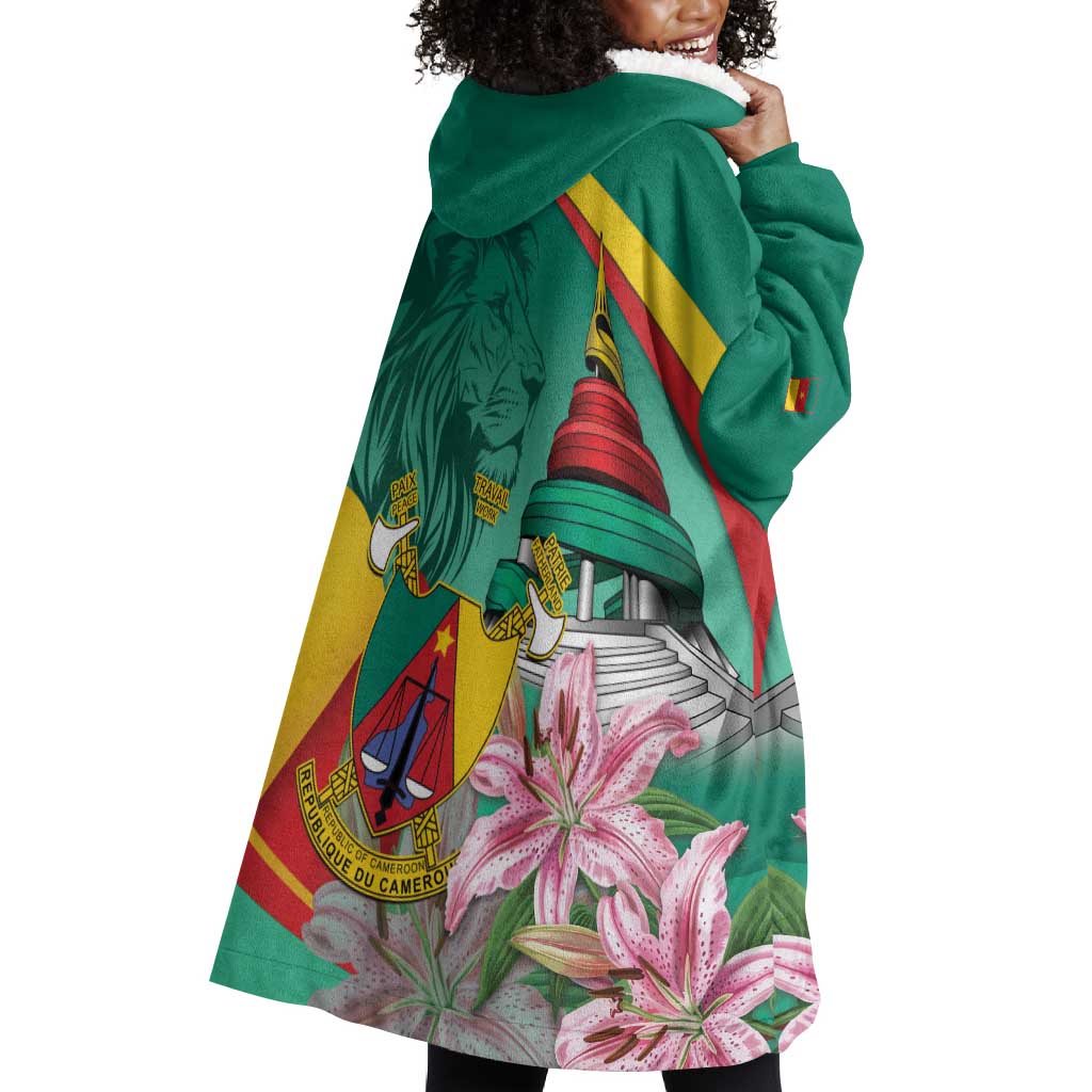 Monument de la Reunification Cameroun Wearable Blanket Hoodie Coat Of Arms With Lily Flowers
