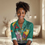 Monument de la Reunification Cameroun Women Casual Shirt Coat Of Arms With Lily Flowers