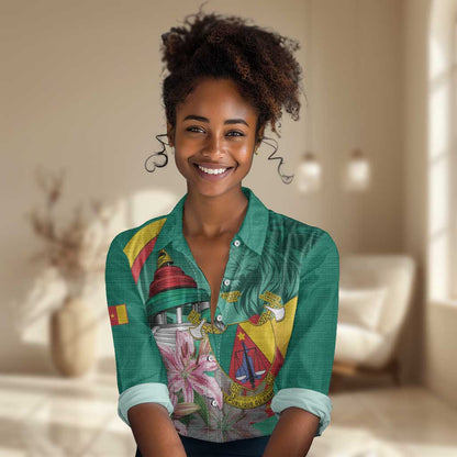 Monument de la Reunification Cameroun Women Casual Shirt Coat Of Arms With Lily Flowers