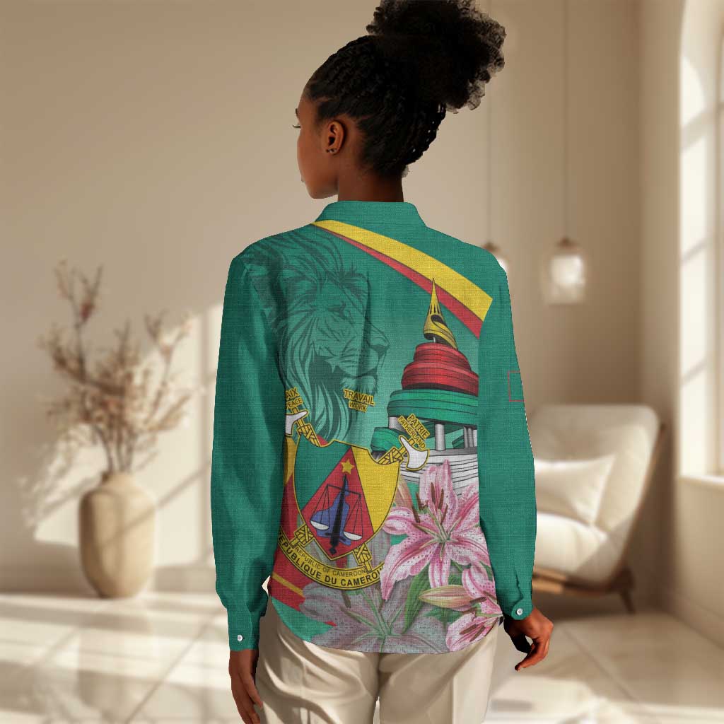 Monument de la Reunification Cameroun Women Casual Shirt Coat Of Arms With Lily Flowers