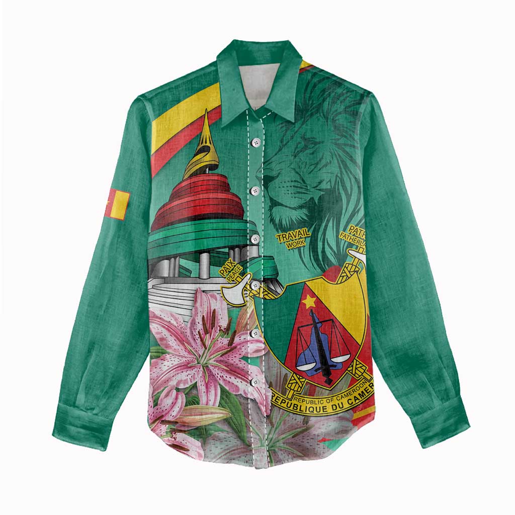 Monument de la Reunification Cameroun Women Casual Shirt Coat Of Arms With Lily Flowers