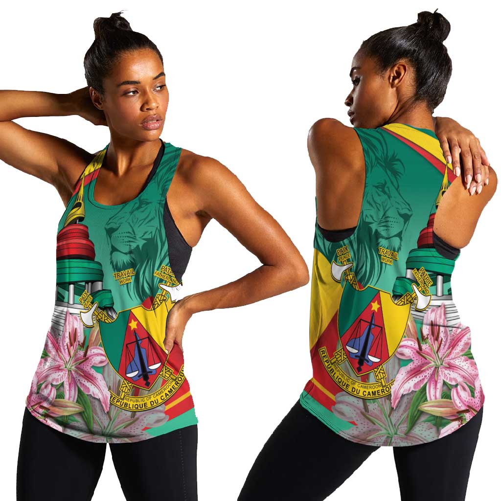 Monument de la Reunification Cameroun Women Racerback Tank Coat Of Arms With Lily Flowers