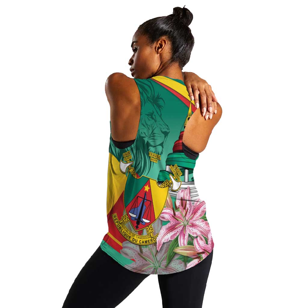 Monument de la Reunification Cameroun Women Racerback Tank Coat Of Arms With Lily Flowers