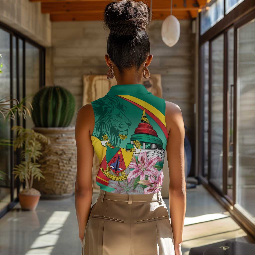 Monument de la Reunification Cameroun Women Sleeveless Polo Shirt Coat Of Arms With Lily Flowers