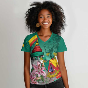 Monument de la Reunification Cameroun Women V-Neck T-Shirt Coat Of Arms With Lily Flowers