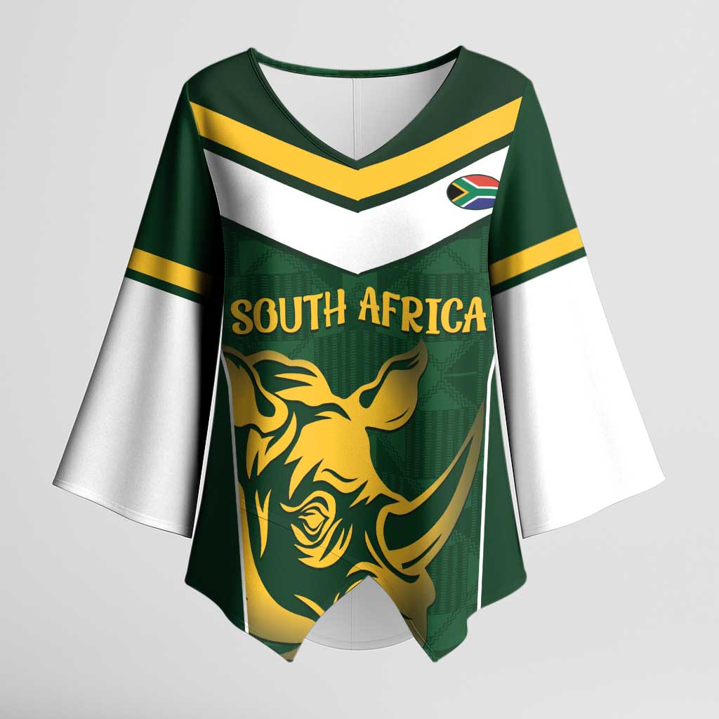 South Africa Rugby Custom Kimono Sleeve Blouse Springboks Kente Rhino Symbol