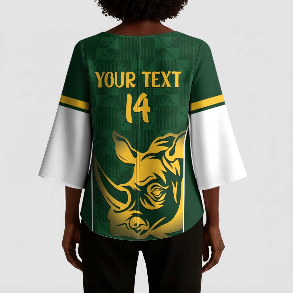 South Africa Rugby Custom Kimono Sleeve Blouse Springboks Kente Rhino Symbol