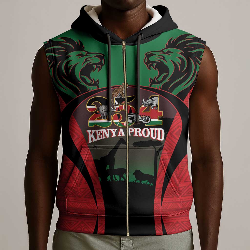 Proud Kenya 254 Sleeveless Zip Hoodie Safari Animals - African Pattern - African Pride