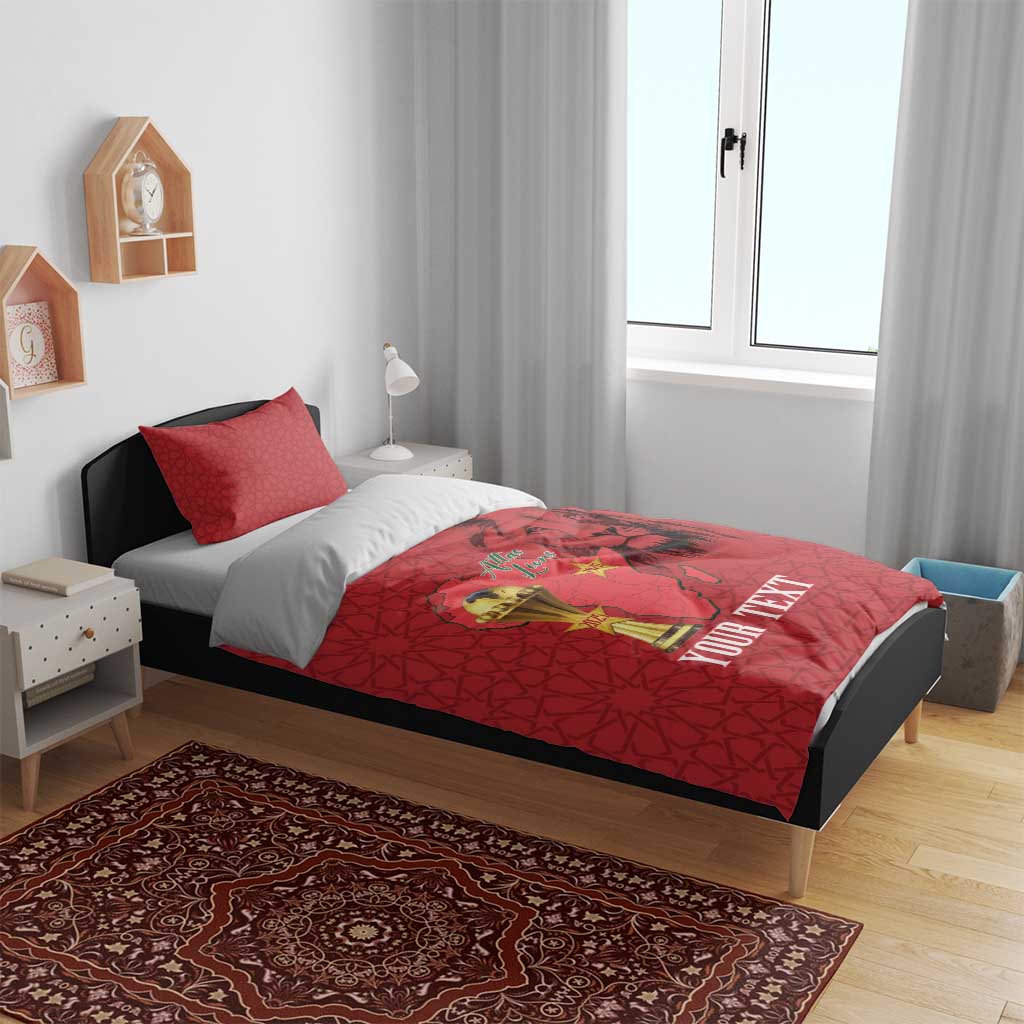 Morocco Football Custom Bedding Set Atlas Lions Champions African Red Islamic Pattern