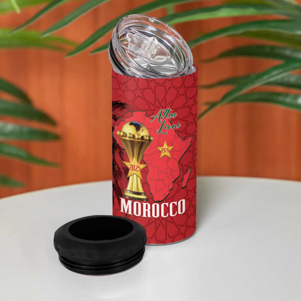 Morocco Football Custom 4 in 1 Can Cooler Tumbler Atlas Lions Champions African Red Islamic Pattern