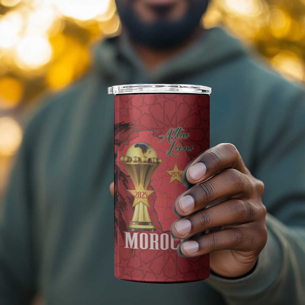 Morocco Football Custom 4 in 1 Can Cooler Tumbler Atlas Lions Champions African Red Islamic Pattern
