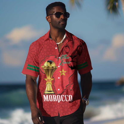 Morocco Football Custom Hawaiian Shirt Atlas Lions Champions African Red Islamic Pattern