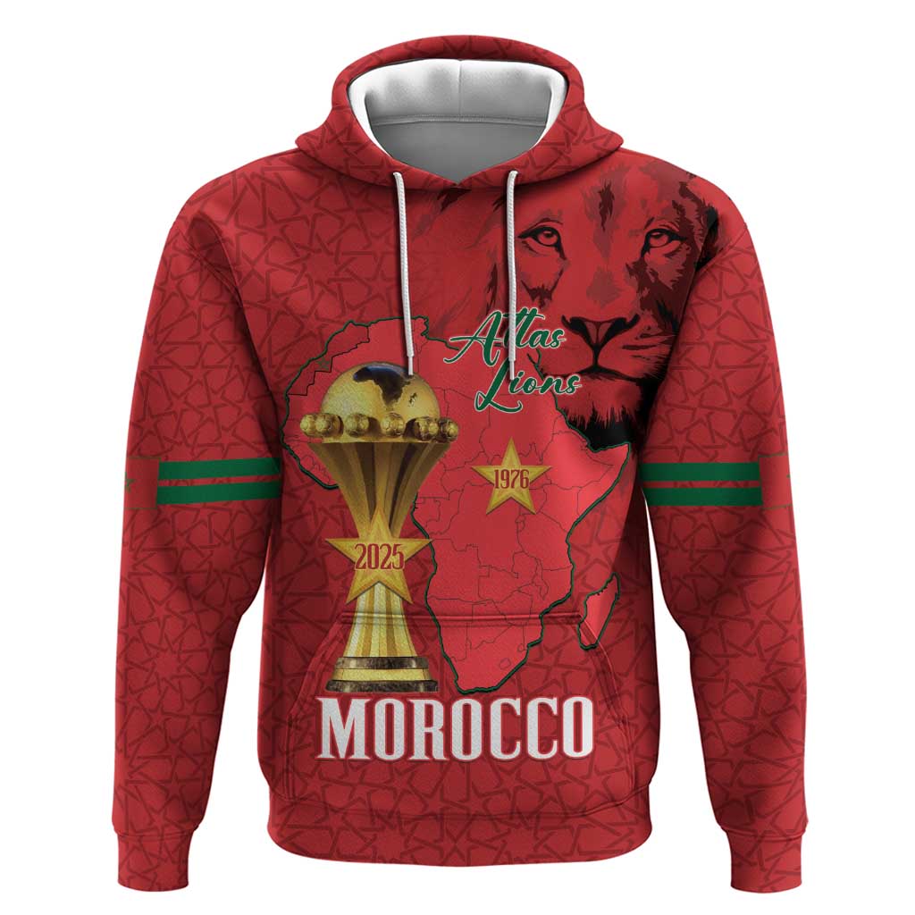 Morocco Football Custom Hoodie Atlas Lions Champions African Red Islamic Pattern