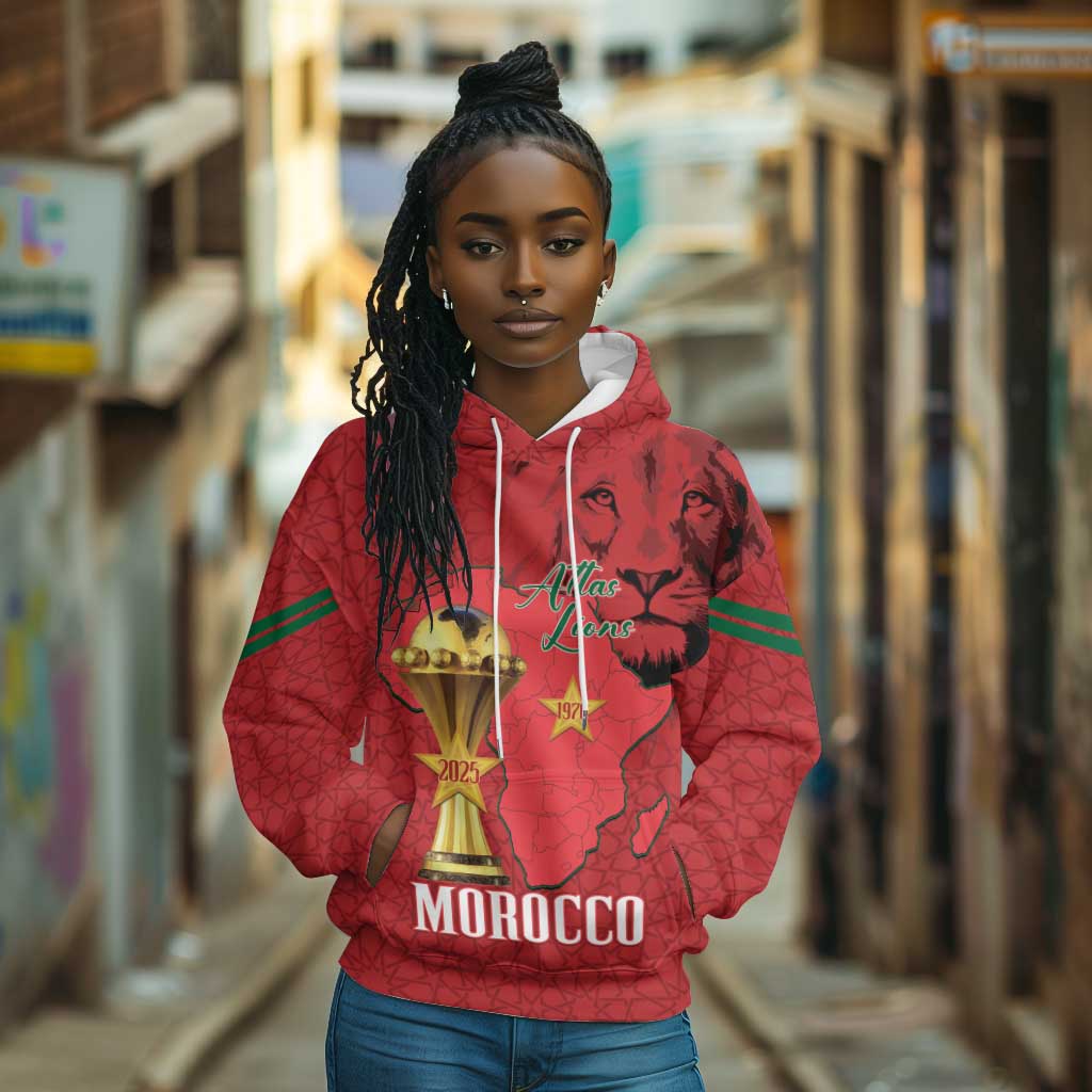 Morocco Football Custom Hoodie Atlas Lions Champions African Red Islamic Pattern