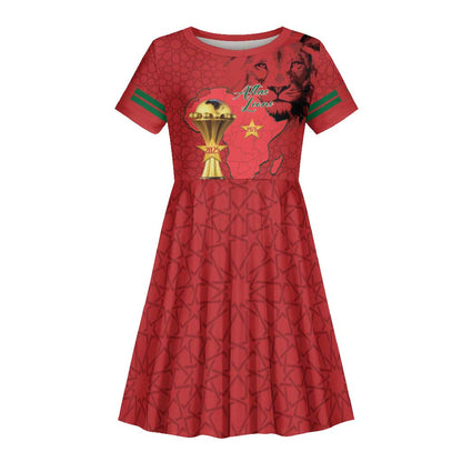 Morocco Football Custom Kid Short Sleeve Dress Atlas Lions Champions African Red Islamic Pattern