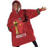 Morocco Football Custom Kid Wearable Blanket Hoodie Atlas Lions Champions African Red Islamic Pattern