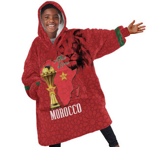 Morocco Football Custom Kid Wearable Blanket Hoodie Atlas Lions Champions African Red Islamic Pattern