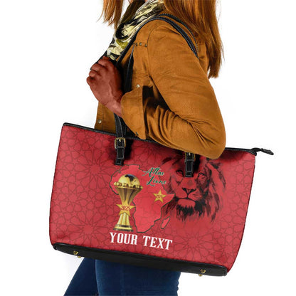 Morocco Football Custom Leather Tote Bag Atlas Lions Champions African Red Islamic Pattern