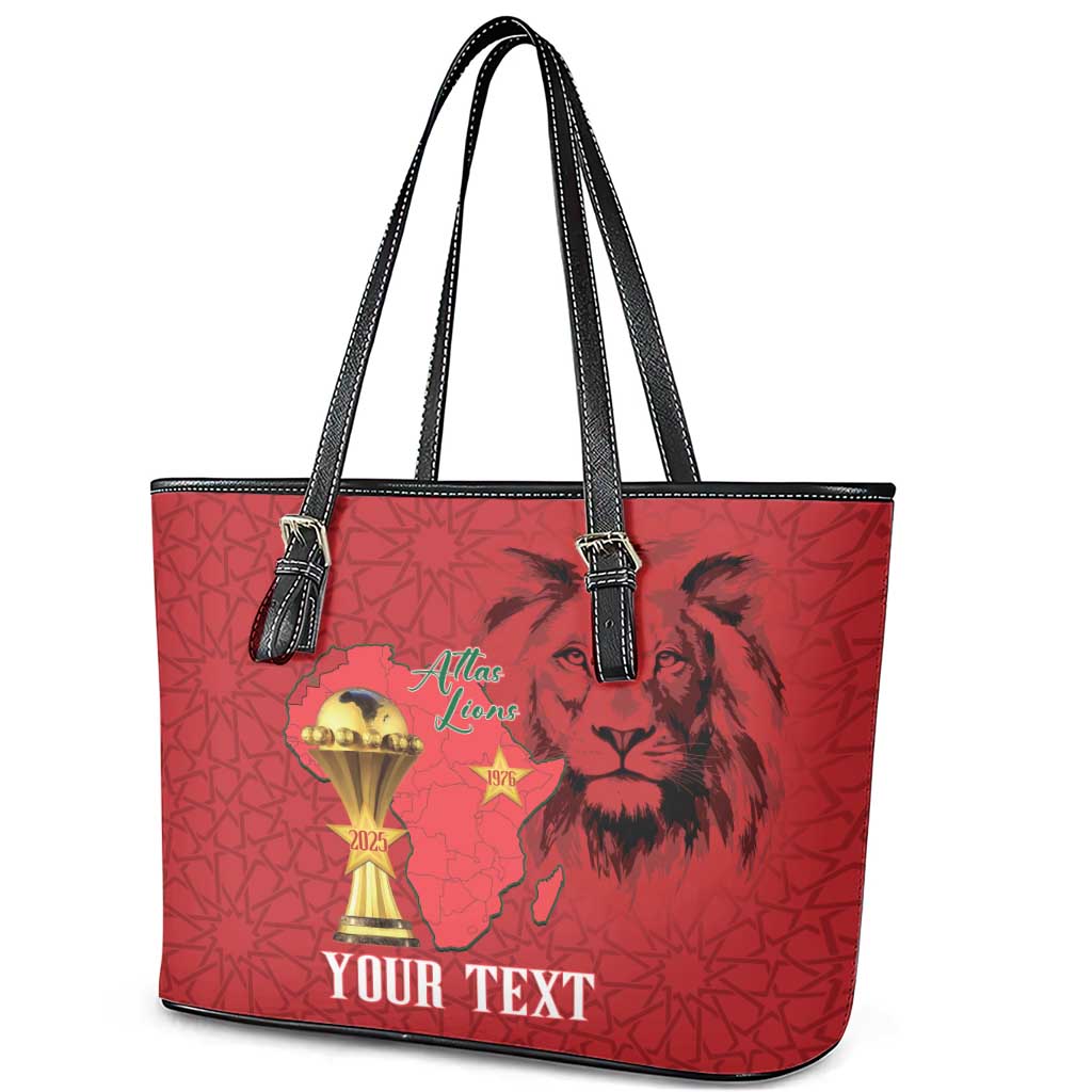 Morocco Football Custom Leather Tote Bag Atlas Lions Champions African Red Islamic Pattern