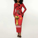 Morocco Football Custom Long Sleeve Bodycon Dress Atlas Lions Champions African Red Islamic Pattern