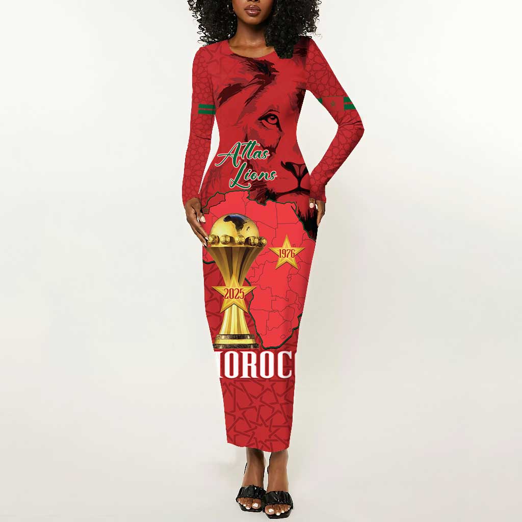 Morocco Football Custom Long Sleeve Bodycon Dress Atlas Lions Champions African Red Islamic Pattern