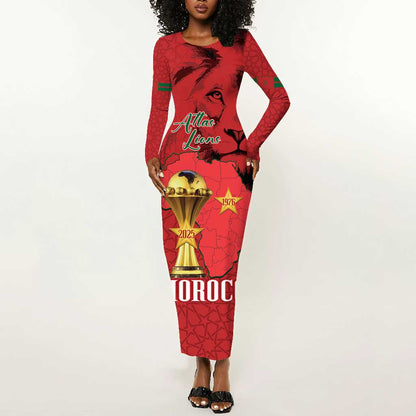 Morocco Football Custom Long Sleeve Bodycon Dress Atlas Lions Champions African Red Islamic Pattern