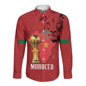 Morocco Football Custom Long Sleeve Button Shirt Atlas Lions Champions African Red Islamic Pattern