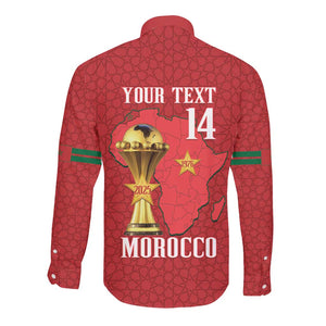 Morocco Football Custom Long Sleeve Button Shirt Atlas Lions Champions African Red Islamic Pattern