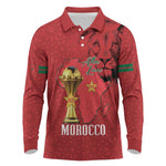 Morocco Football Custom Long Sleeve Polo Shirt Atlas Lions Champions African Red Islamic Pattern