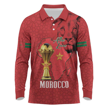 Morocco Football Custom Long Sleeve Polo Shirt Atlas Lions Champions African Red Islamic Pattern