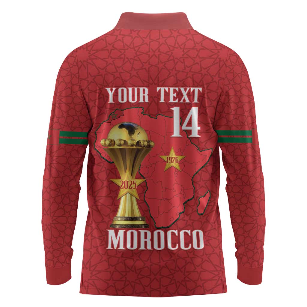 Morocco Football Custom Long Sleeve Polo Shirt Atlas Lions Champions African Red Islamic Pattern