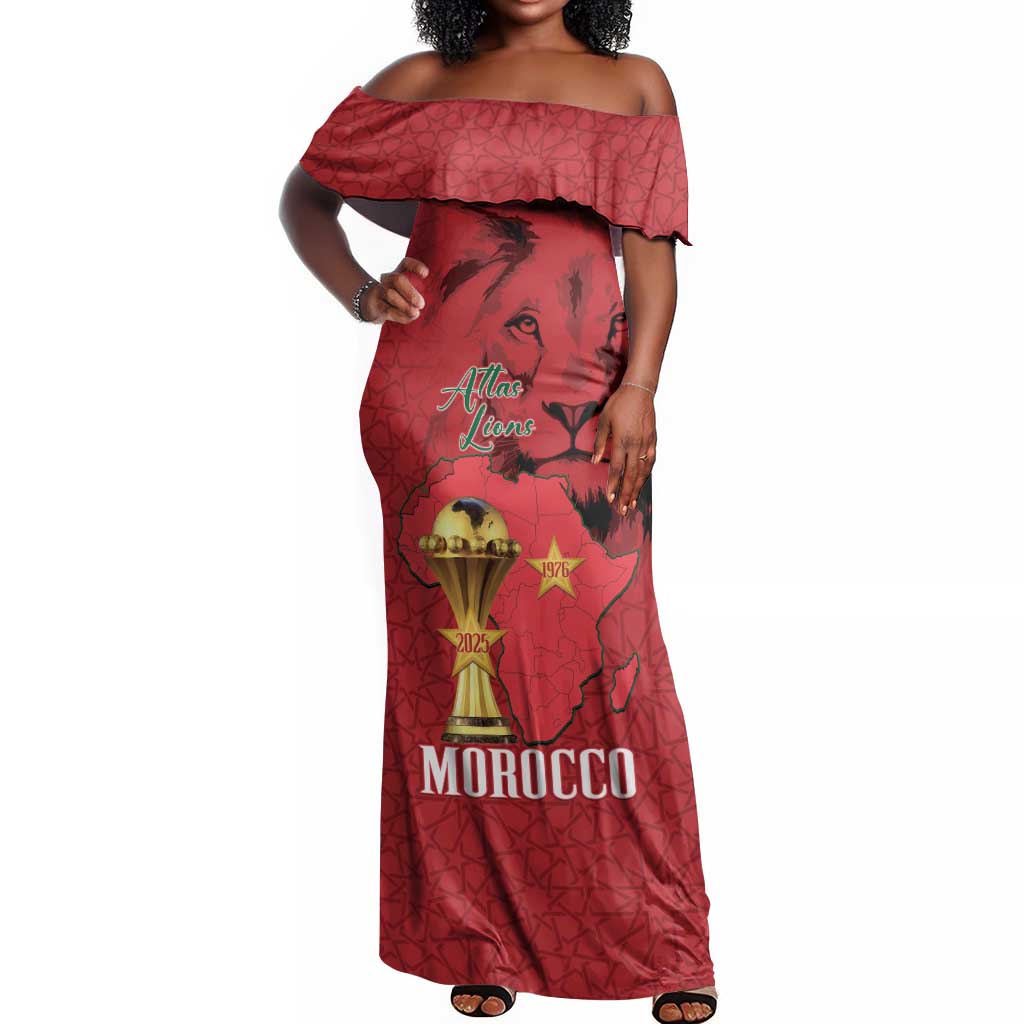 Morocco Football Custom Off Shoulder Maxi Dress Atlas Lions Champions African Red Islamic Pattern