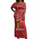 Morocco Football Custom Off Shoulder Maxi Dress Atlas Lions Champions African Red Islamic Pattern