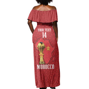 Morocco Football Custom Off Shoulder Maxi Dress Atlas Lions Champions African Red Islamic Pattern