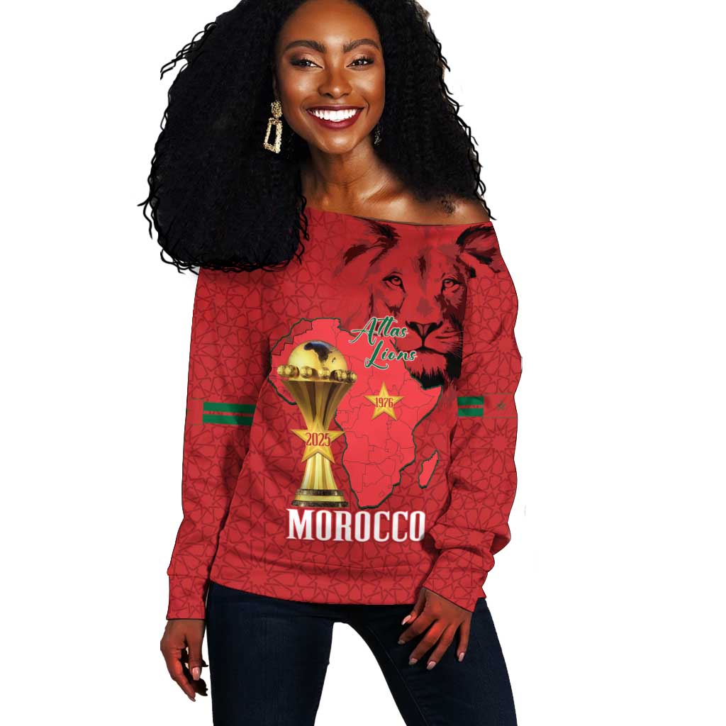 Morocco Football Custom Off Shoulder Sweater Atlas Lions Champions African Red Islamic Pattern