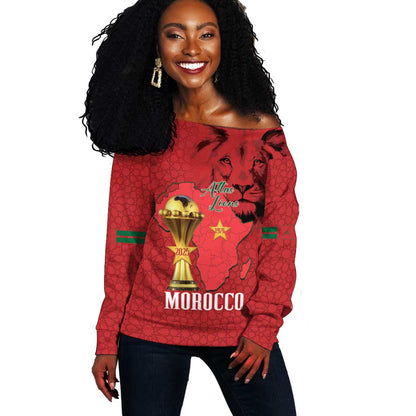 Morocco Football Custom Off Shoulder Sweater Atlas Lions Champions African Red Islamic Pattern