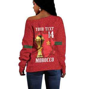 Morocco Football Custom Off Shoulder Sweater Atlas Lions Champions African Red Islamic Pattern