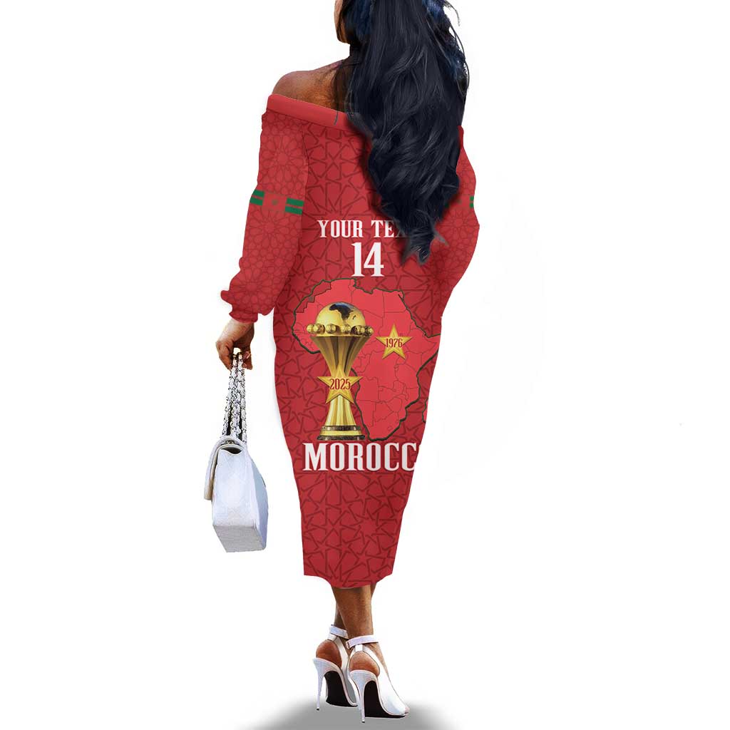 Morocco Football Custom Off The Shoulder Long Sleeve Dress Atlas Lions Champions African Red Islamic Pattern