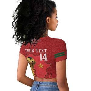 Morocco Football Custom Raglan Cropped T shirt Atlas Lions Champions African Red Islamic Pattern