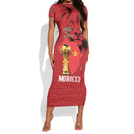 Morocco Football Custom Short Sleeve Bodycon Dress Atlas Lions Champions African Red Islamic Pattern