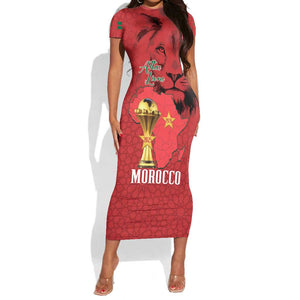 Morocco Football Custom Short Sleeve Bodycon Dress Atlas Lions Champions African Red Islamic Pattern