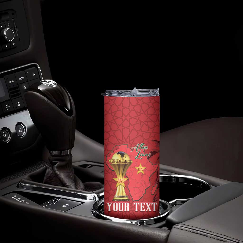 Morocco Football Custom Skinny Tumbler Atlas Lions Champions African Red Islamic Pattern