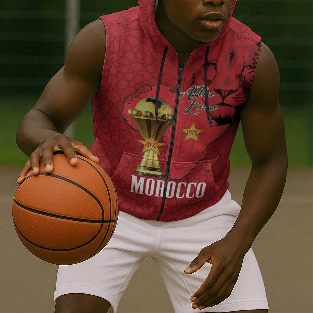 Morocco Football Custom Sleeveless Zip Hoodie Atlas Lions Champions African Red Islamic Pattern