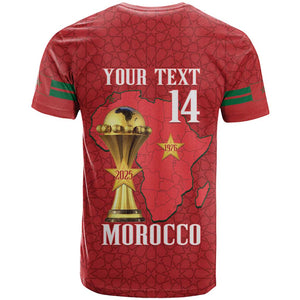 Morocco Football Custom T shirt Atlas Lions Champions African Red Islamic Pattern