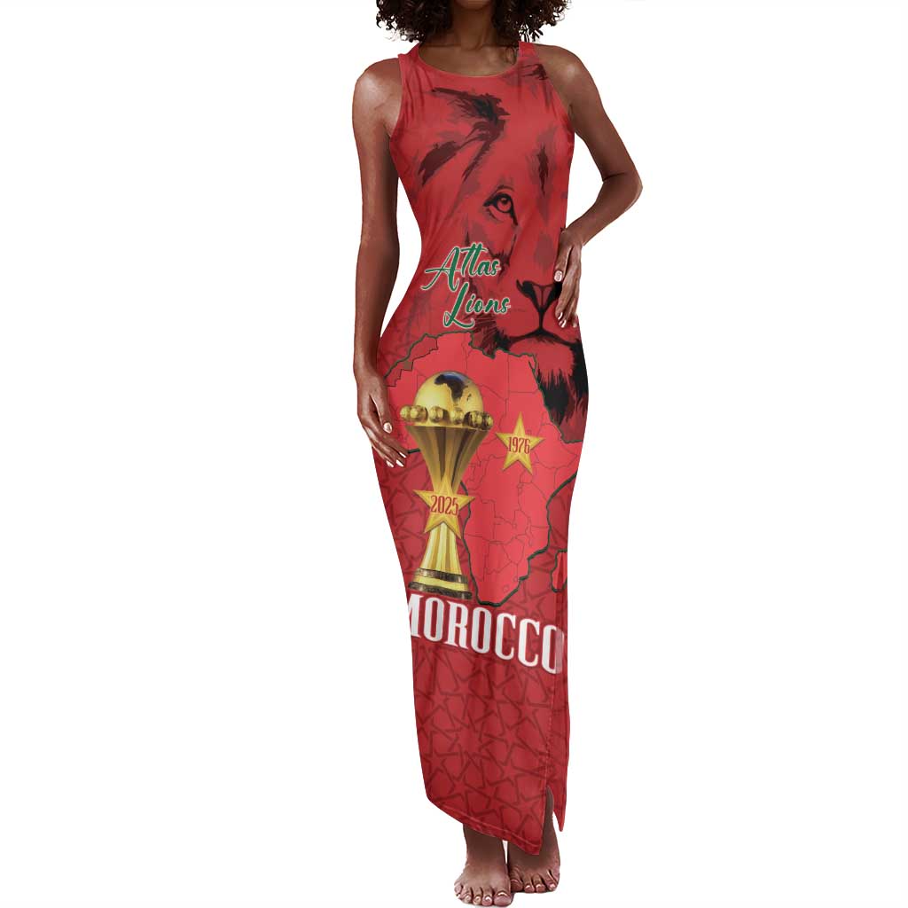 Morocco Football Custom Tank Maxi Dress Atlas Lions Champions African Red Islamic Pattern