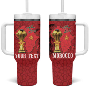 Morocco Football Custom Tumbler With Handle Atlas Lions Champions African Red Islamic Pattern